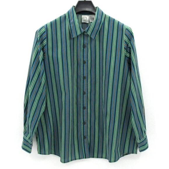 Vintage Roamans Shirt Womens Large Green Blue Striped Long Sleeve Button Down - Picture 1 of 14